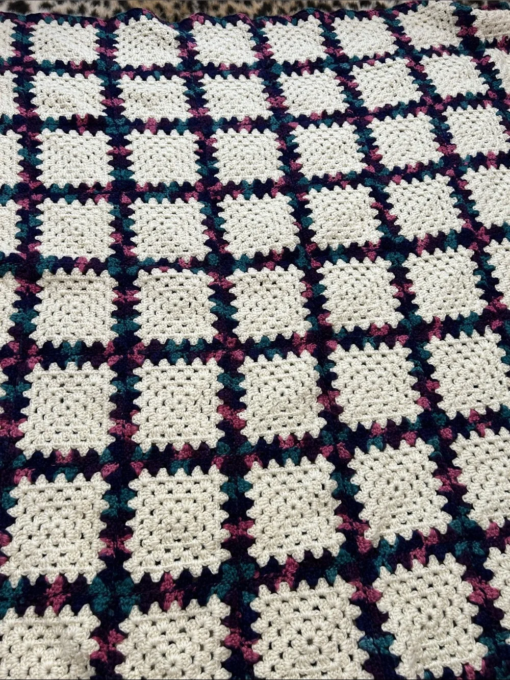 Handmade White Crochet Granny Square Blanket with Navy, Teal & Magenta Accents